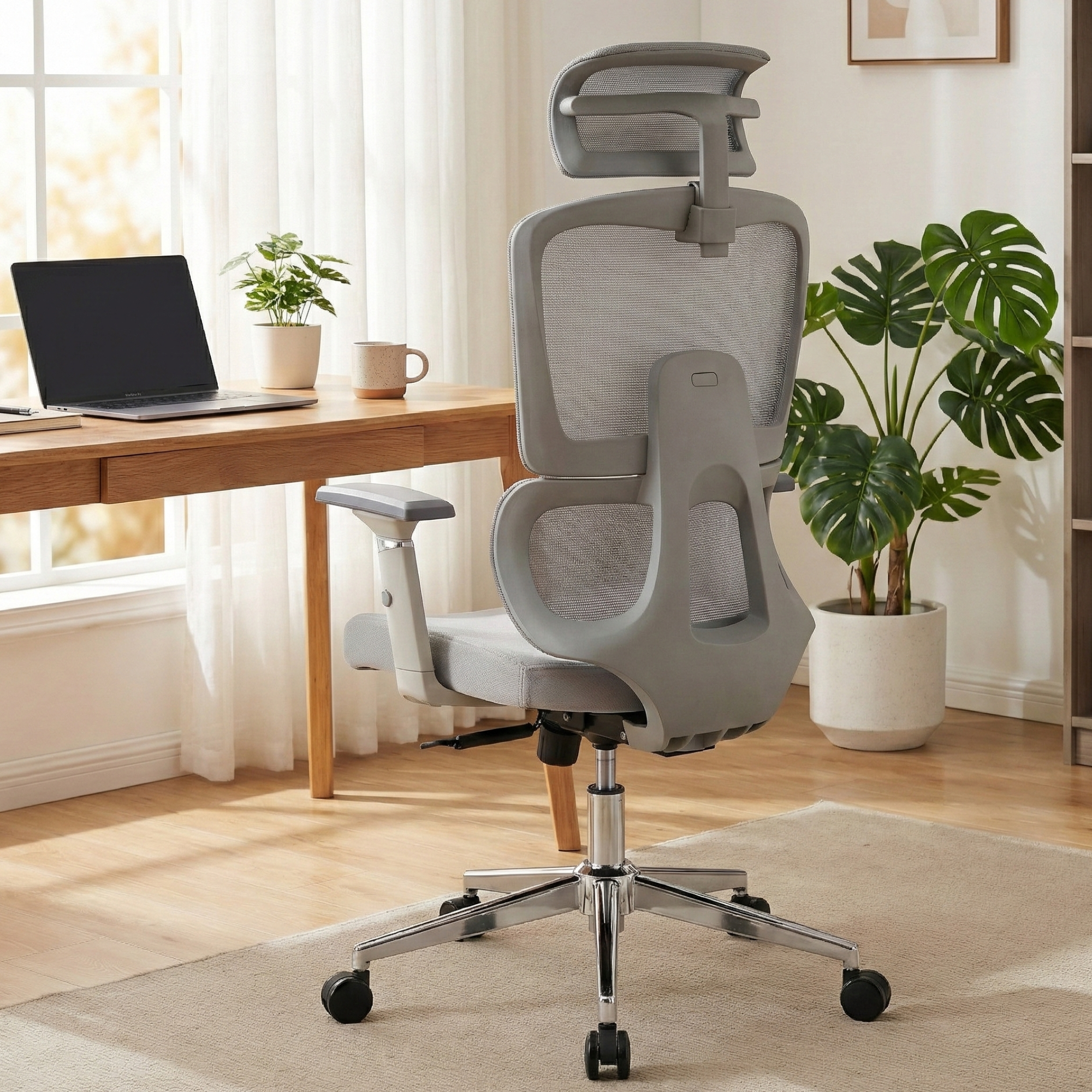 Gray office chair in a bright room with a desk and plants