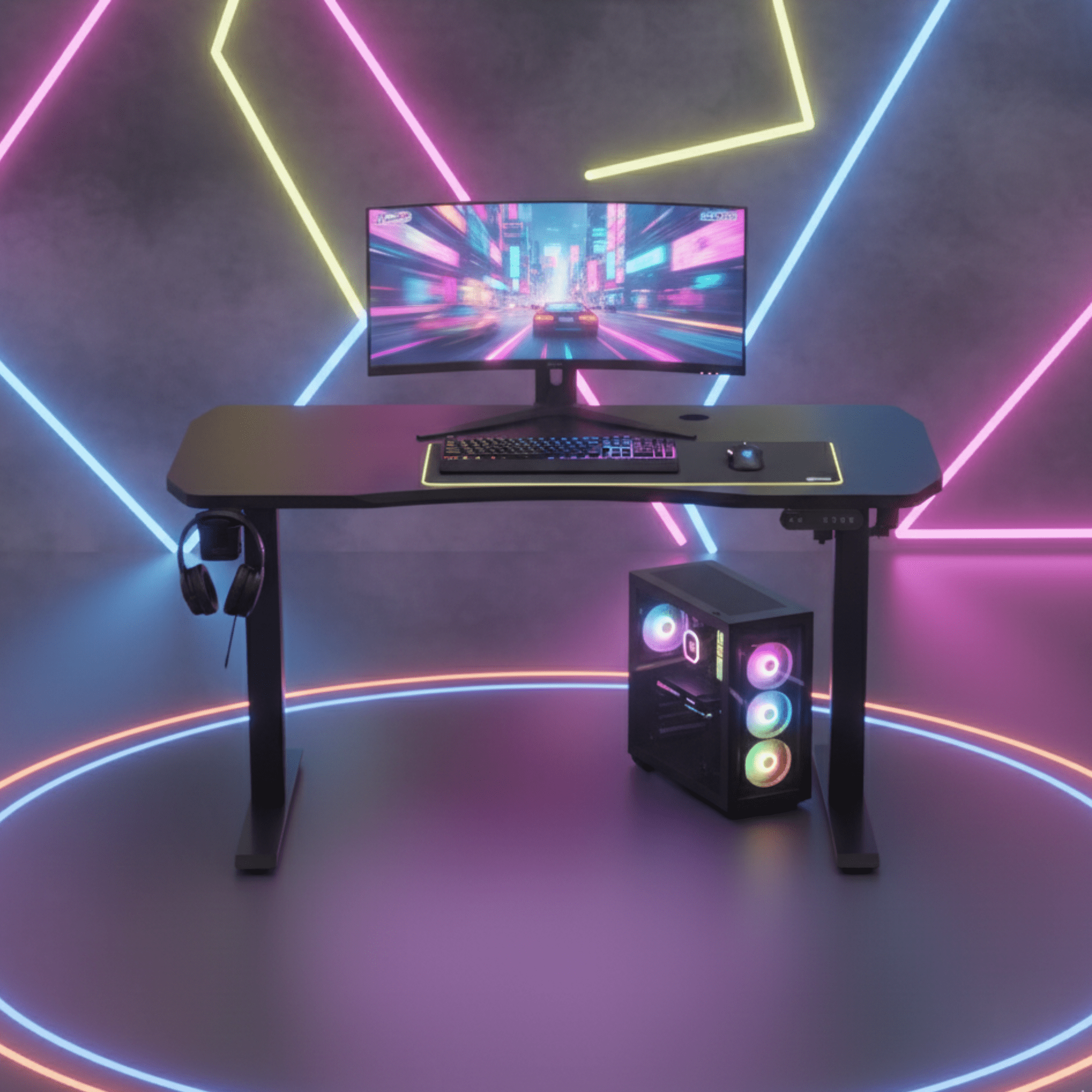 Neuarc Realm Electric Height Adjustable Desk For Gaming with RGB light and Home Office, 140 x 60 cm Table Top (Black) - NEUARC
