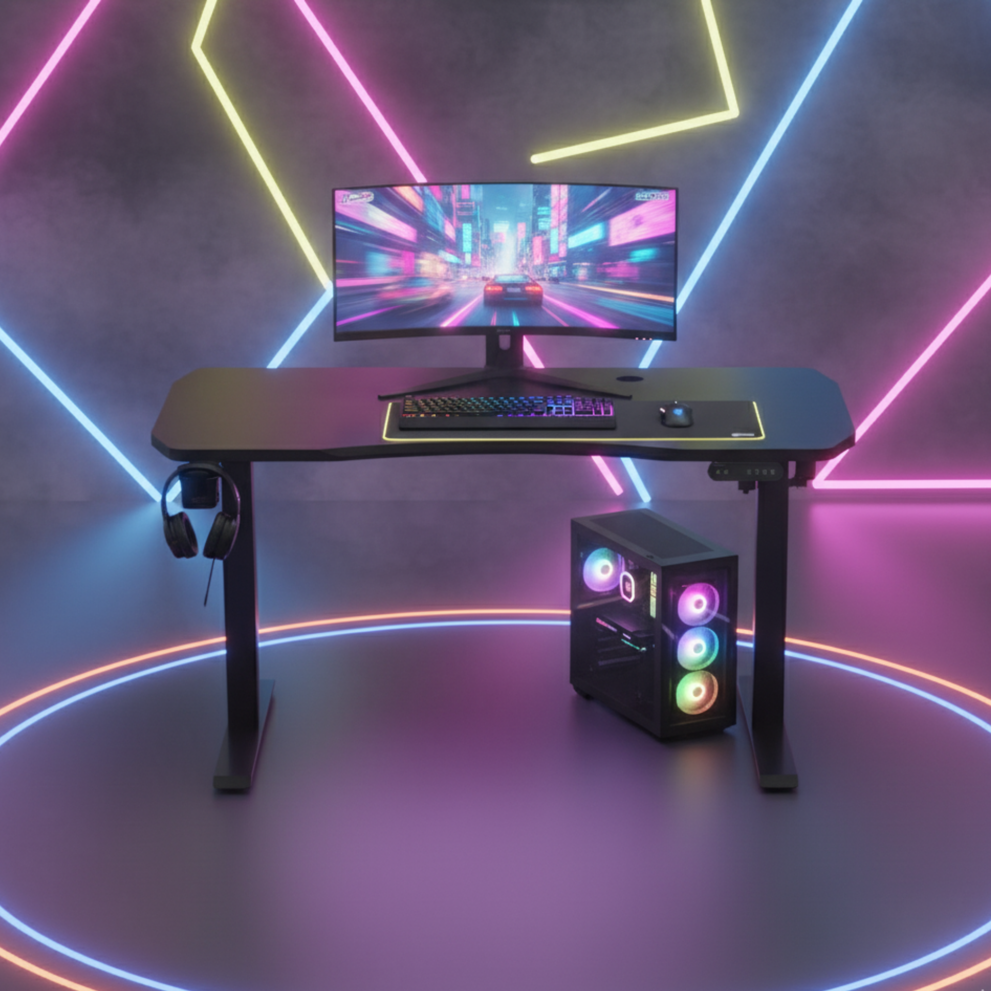 Neuarc Realm Electric Height Adjustable Desk For Gaming with RGB light and Home Office, 140 x 60 cm Table Top (Black)